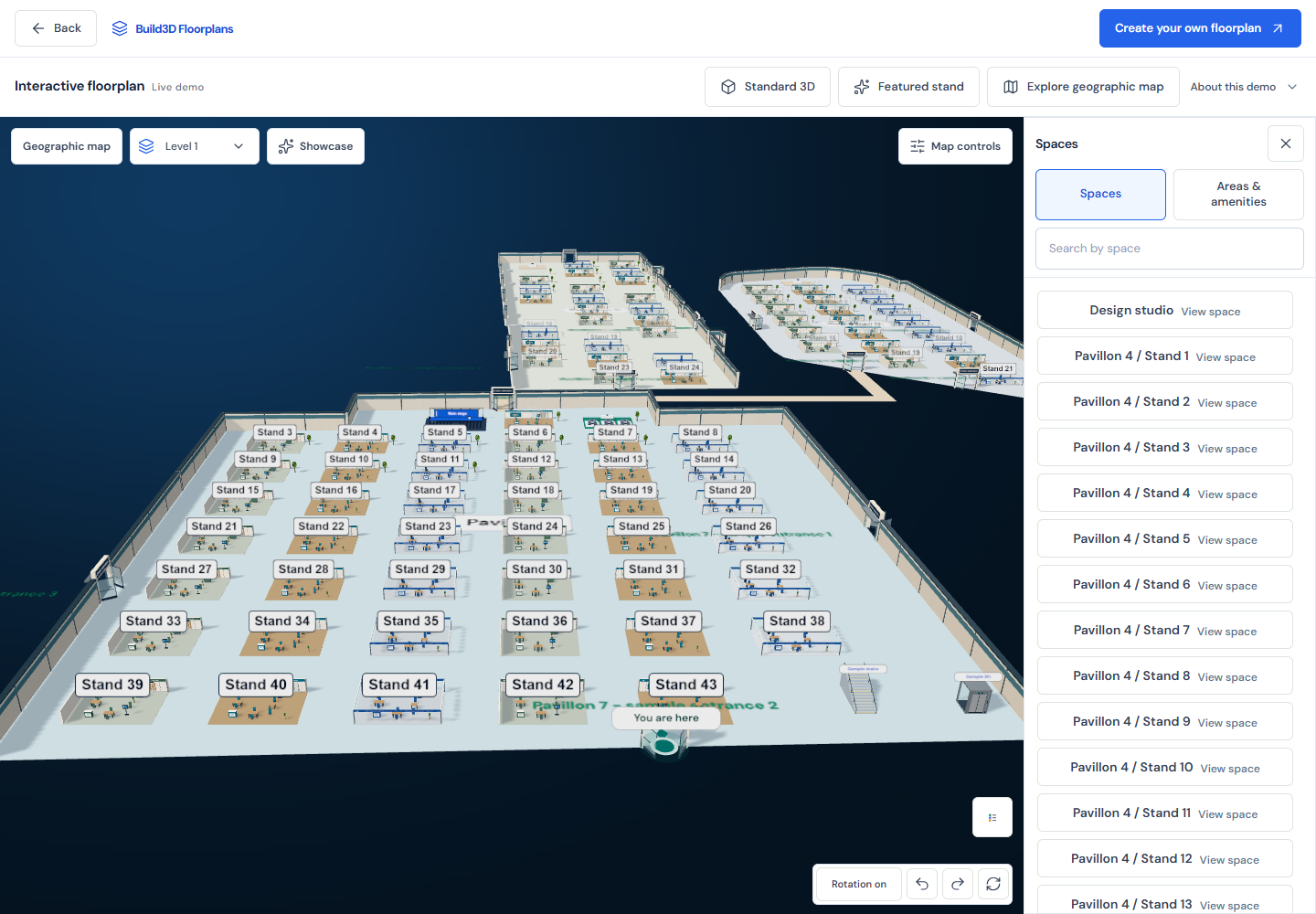 Public Paris Expo sample showing exhibition stands, the Spaces directory and floor controls